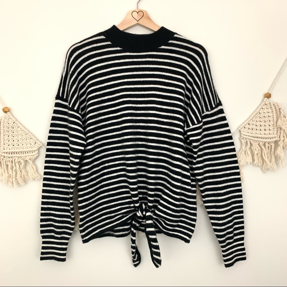 Loft Wool Blend Stripe Tie Front Mock Neck Sweater